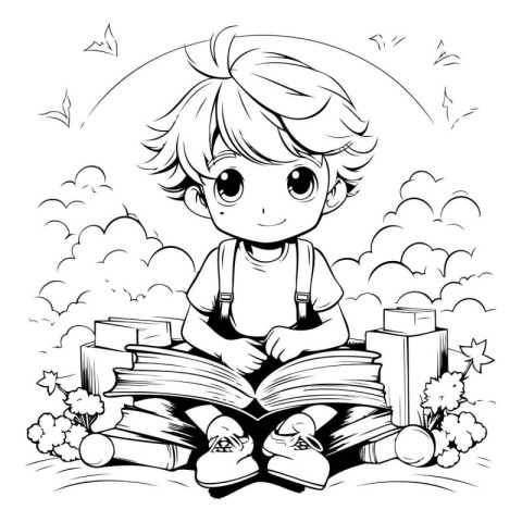 Black and White Cartoon Illustration of Cute Little Boy Reading