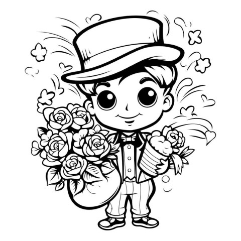 Black and White Cartoon Illustration of Cute Boy Holding Bouquet