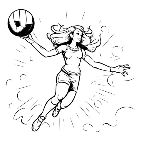 Woman Volleyball Player with Ball. Black and White Vector Illust