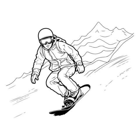 Snowboarder jumping in mountains. sketch vector graphics monochr