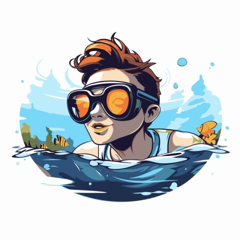 Vector illustration of a boy swimming in the sea wearing a divin