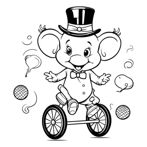 Elephant circus animal riding a tricycle. Black and white vector