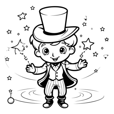 Black and White Cartoon Illustration of Cute Magician Character