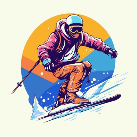 Vector illustration of skier jumping on skis. Winter sport backg