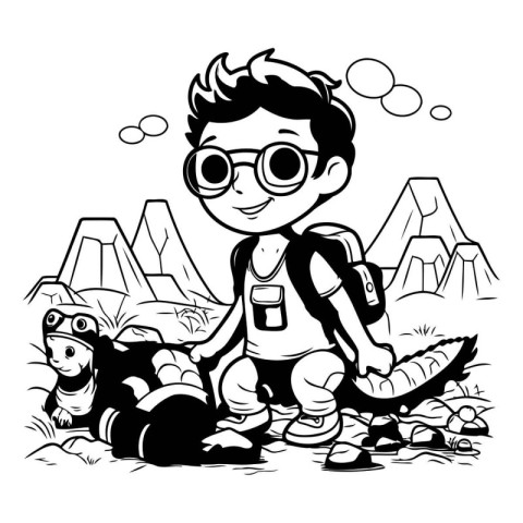 Hiking Boy - Black and White Cartoon Illustration. Vector Art