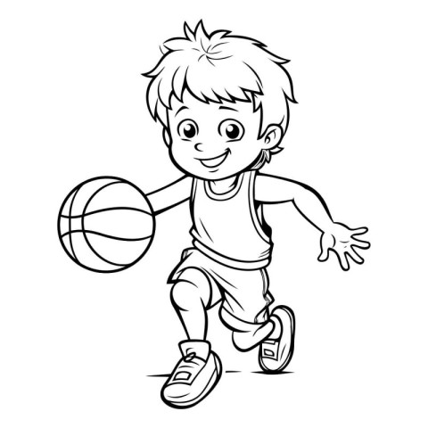 Boy playing basketball - Coloring book for children. Vector illu