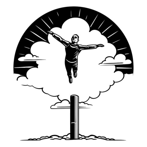 Man jumps over a wooden cross in the clouds. Black and white ill