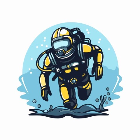 Scuba diver on the background of the sea. Vector illustration.