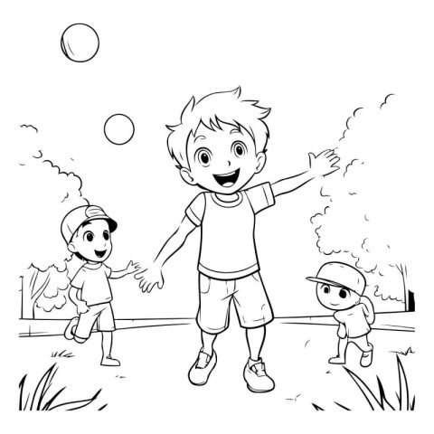 Children playing in the park. Coloring book for kids. Vector ill