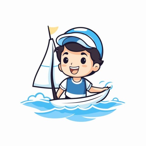 Cute boy sailing on a sailboat. Cartoon character vector illustr