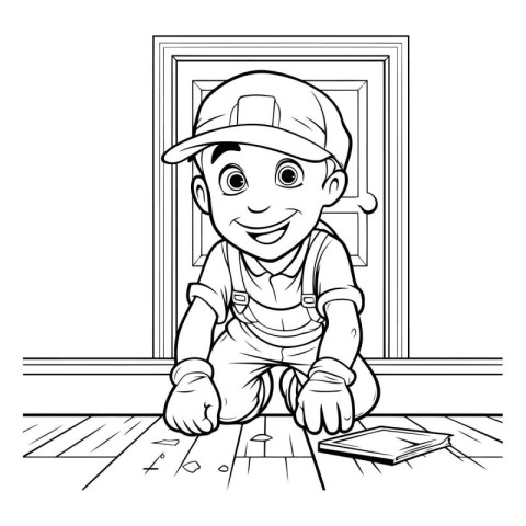 Black and White Cartoon Illustration of Kid Boy Repairing House