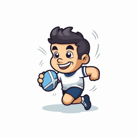 Cartoon rugby player running with ball. Vector illustration isol