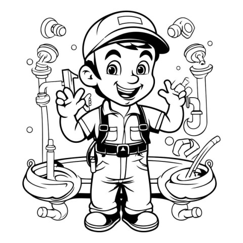 Black and White Cartoon Illustration of a Kid Boy Construction W