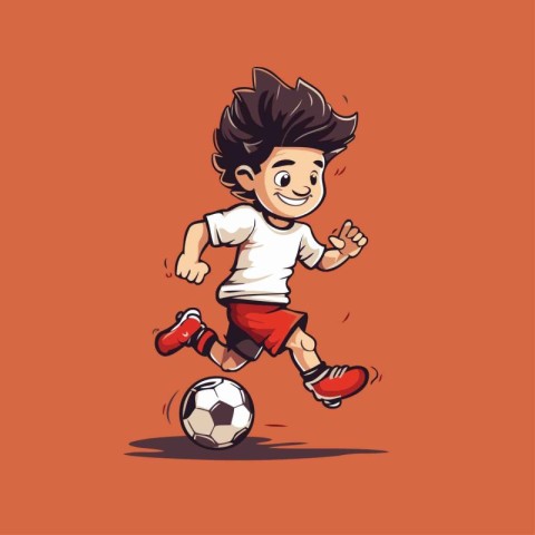 Little boy playing soccer cartoon vector illustration. Funny kid