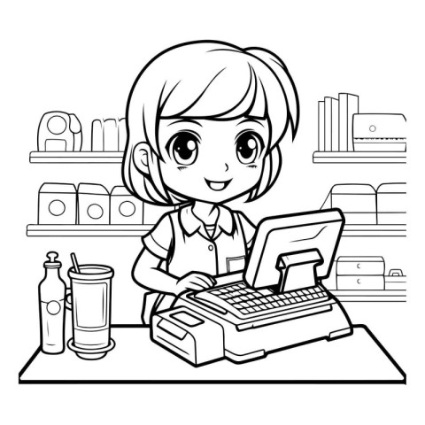 Black and white illustration of a girl using a typewriter at the