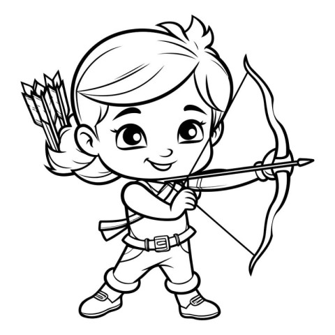 Cute boy with bow and arrow - black and white illustration.