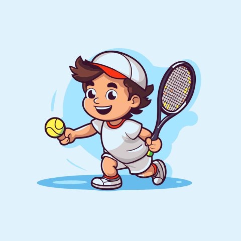 Cartoon boy playing tennis. Vector illustration of a boy playing