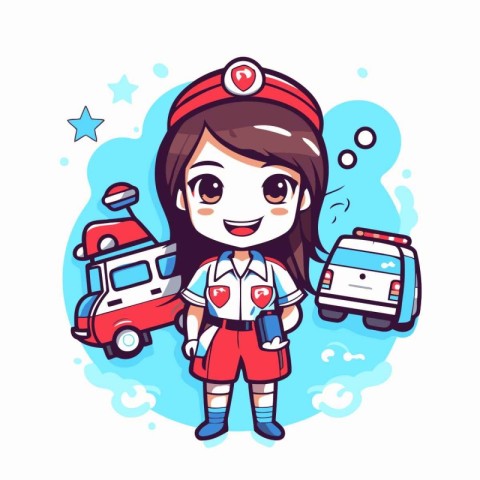 Cute cartoon nurse with medical uniform and ambulance. Vector il