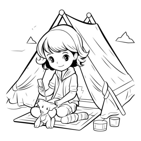 Girl playing with her teddy bear in a tent. black and white vect