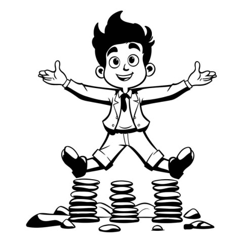 Businessman jumping over a pile of coins. Black and white vector