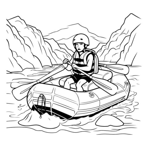 Rafting in the mountains. Black and white vector illustration.