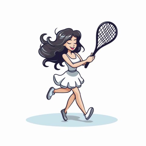 Tennis player woman cartoon vector illustration. Sport girl play