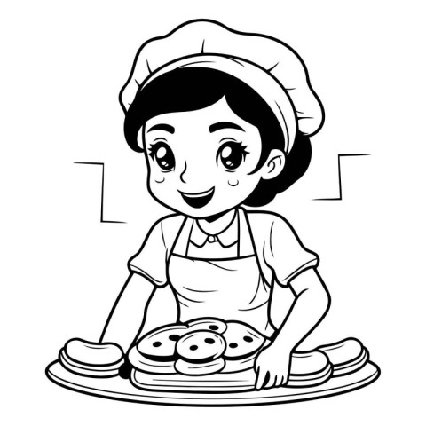 Black and White Cartoon Illustration of Little Girl Chef with a