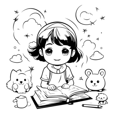 Cute little girl reading a book. black and white vector illustra