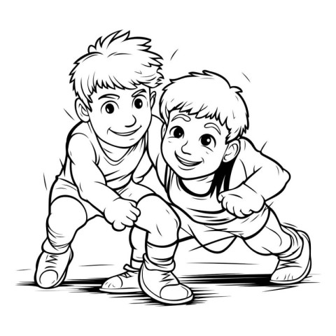 Two boys playing soccer - Black and White Cartoon Illustration.