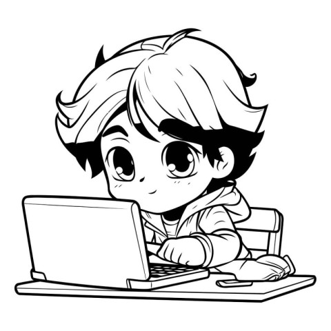 Cute cartoon boy with laptop. Vector illustration of a boy with