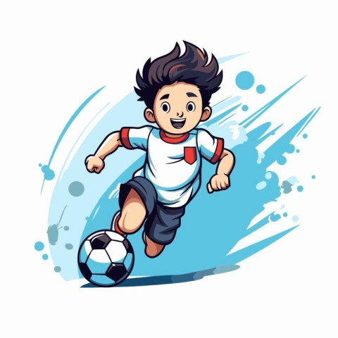 Cartoon soccer player running with ball isolated on white backgr