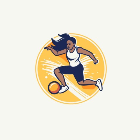 Female basketball player with ball. Vector illustration in retro