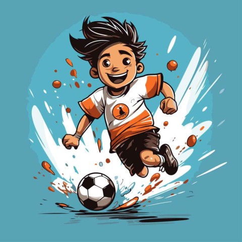 Cartoon soccer player jumping and kicking the ball. Vector illus