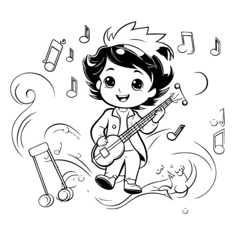 Cartoon boy playing electric guitar. Black and white vector illu