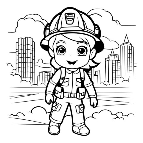 Black and White Cartoon Illustration of Cute Little Fireman Char