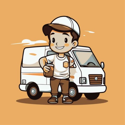 Cute boy with delivery van. Vector illustration of a cartoon cha