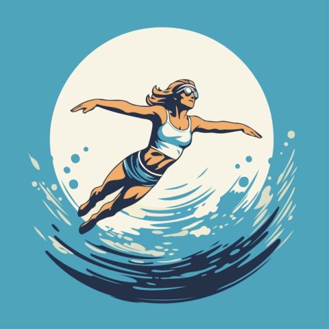 Surfer girl jumping on the waves. Vector illustration in retro s