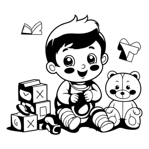 Cute boy playing with toys. Black and white vector illustration.