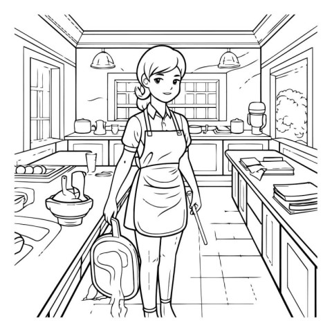 Housewife in the kitchen. Black and white vector illustration fo