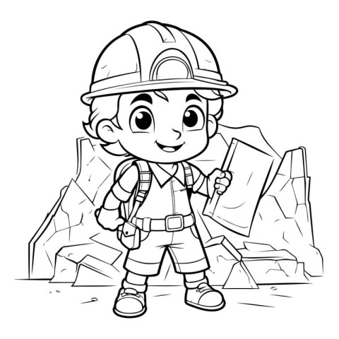 Black and White Cartoon Illustration of Kid Boy Builder or Miner