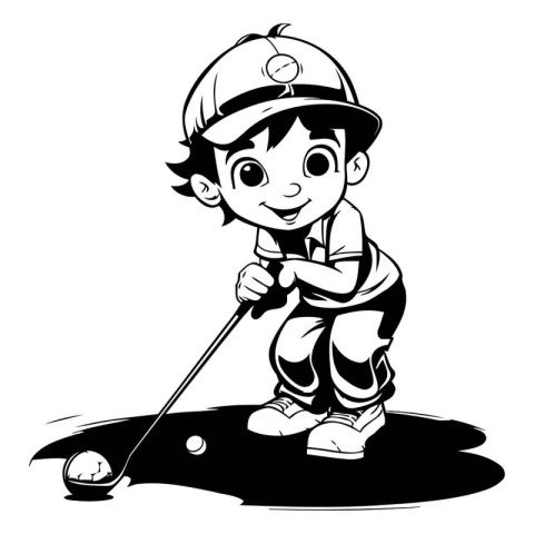 Little boy playing golf - Black and White Cartoon Illustration.