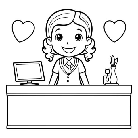 Girl at the reception desk with a computer. Vector illustration.