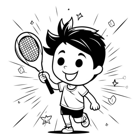 Cartoon Illustration of Kid Playing Tennis or Sport Coloring Boo