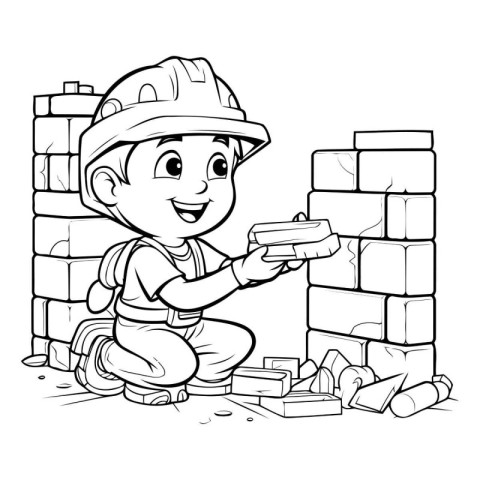 Illustration of a Kid Boy Building a Brick Wall - Coloring Book