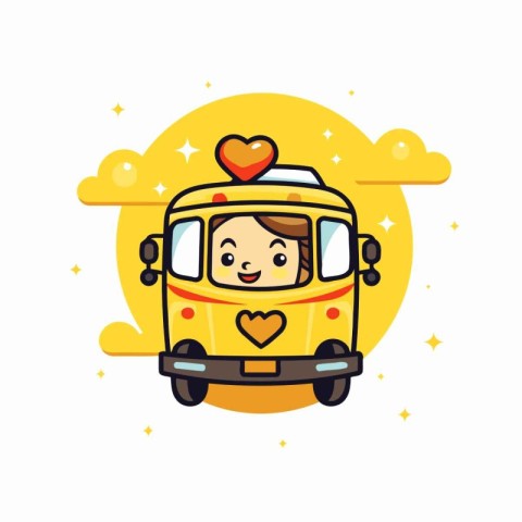 Cute cartoon school bus with boy in love. Vector illustration.