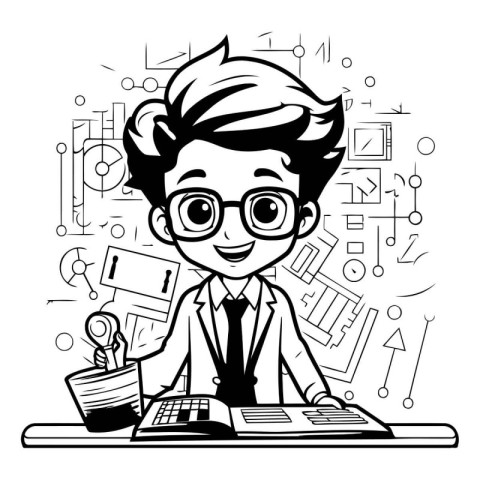 Black and White Cartoon Illustration of Young Businessman or Stu