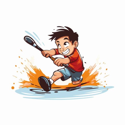 Cartoon boy playing badminton. vector illustration isolated on w