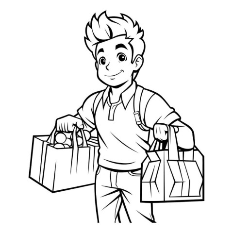 Black and White Cartoon Illustration of Happy Boy with Shopping