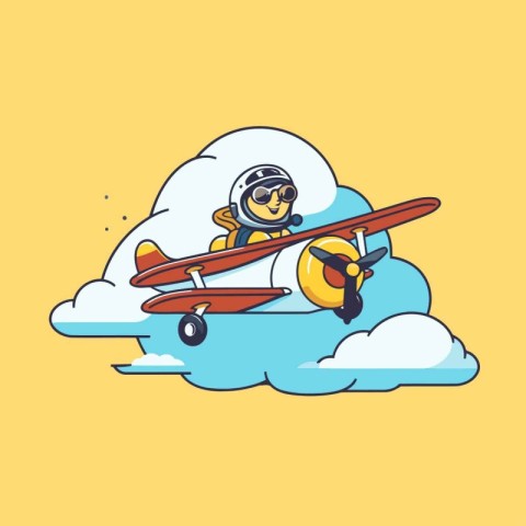 Vector illustration of a boy flying in a plane in the clouds.