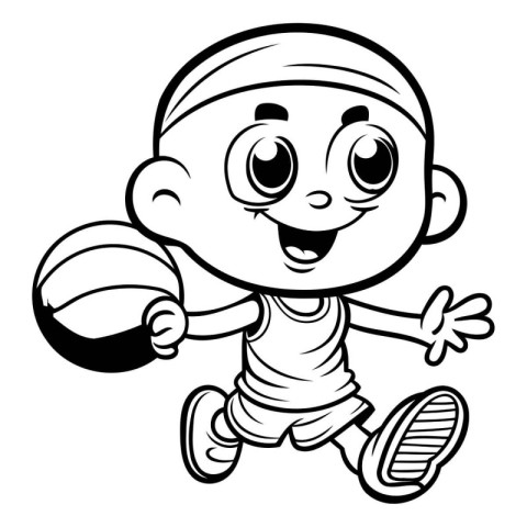 Black and White Cartoon Illustration of Kid Playing Volleyball f